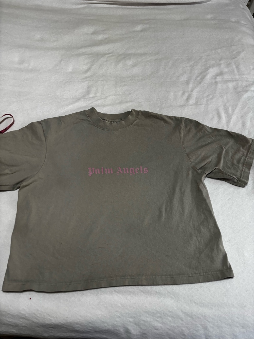 Palm Angels Olive Green Short Sleeve Tee with Pink Logo